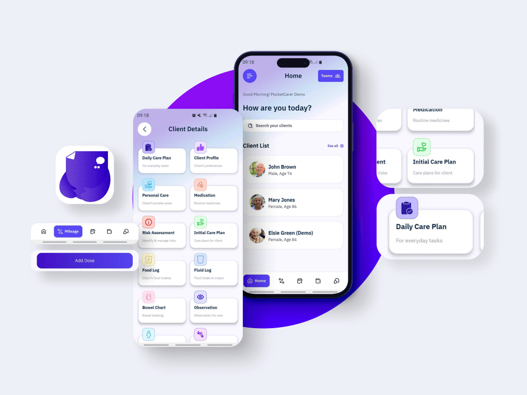 Various mobile mockups of the PocketCarer app